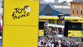 Illustration picture shows the logo of the Tour de France at the start of the first stage of the 108th edition of the Tour de France cycling race, 197,8km from Brest to Landerneau, France, Saturday 26 June 2021. This year's Tour de France takes place from 26 June to 18 July 2021. BELGA PHOTO PETE GODING