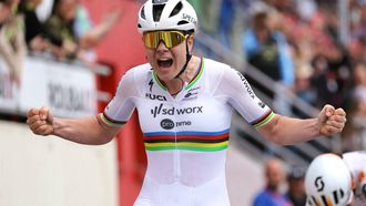 Team SD Worx - Protime's Belgian rider Lotte Kopecky celebrates as she crosses the finish line to win the fourth edition of the women's Paris-Roubaix one-day classic cycling race, 148,5km between Denain and Roubaix, on April 6, 2024. 
Thomas SAMSON / AFP