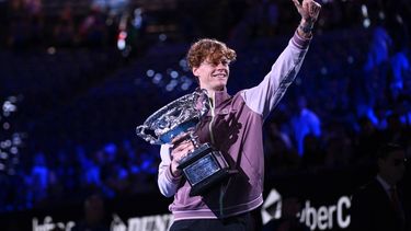 epa11110597 Jannik Sinner of Italy with the Norman Brookes Challenge Cup following his win in the Men’s Singles final against Daniil Medvedev of Russia on Day 15 of the Australian Open tennis tournament in Melbourne, Australia, 28 January 2024.  EPA/JOEL CARRETT AUSTRALIA AND NEW ZEALAND OUT