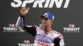 2023-10-28 15:28:21 epa10944512 Spanish MotoGP rider Jorge Martin of Prima Pramac Racing celebrates after winning the sprint race of the Motorcycling Grand Prix of Thailand at Chang International Circuit, Buriram province, Thailand, 28 October 2023.  EPA/RUNGROJ YONGRIT