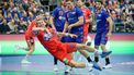 2023-11-04 17:08:52 Norway's Petter Overby (L) and Netherlands' Kay Smits vie during the Golden League handball match between Norway and the Netherlands at the Sotra Arena in Straume, western Norway, on November 4, 2023.
 
Stian Lysberg Solum / NTB / AFP