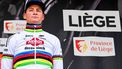 Alpecin-Deceuninck's Dutch rider Mathieu van der Poel reacts on the podium at the end of the Liege-Bastogne-Liege one day cycling race, 254,5 km round-trip from Liege to Liege via Bastogne, on April 21, 2024. 
DIRK WAEM / Belga / AFP