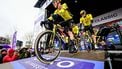 Team Visma-Lease a Bike's Dutch rider Dylan Van Baarle (L) and US rider Matteo Jorgenson reacts attend the start of the 'E3 Saxo Bank Classic' one day cycling race, 208,8 km from Harelbeke to Harelbeke, on March 28, 2025.  
DIRK WAEM / Belga / AFP