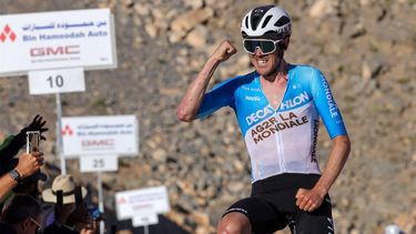 Decathlon AG2R La Mondiale Team's Australian cyclist Ben O'Connor celebrates after winning the third stage of the 6th UAE Cycling Tour from Al-Marjan island to Jebel Jais on February 21, 2024. 
Giuseppe CACACE / AFP