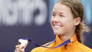 2022-08-15 14:23:51 MUNCHEN - Nienke Brinkman in actie tijdens de marathon voor vrouwen op de vijfde dag van het Multi-EK. De Duitse stad Munchen huisvest in 2022 een gecombineerd EK van diverse sporten. ANP IRIS VAN DEN BROEK