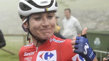 2023-05-07 16:35:19 Movistar Team's Dutch rider Annemiek van Vleuten reacts after crossing the finish line during the 7th and last stage of the women's 2023 Vuelta Spanish cycling race, 93,7 kms from A Pola de Siero to Lagos de Covadonga, in Lagos de Covadonga on May 7, 2023. 
MIGUEL RIOPA / AFP