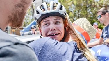 AG Insurance - Soudal rider Sarah Gigante from Australia reacts after winning the third stage of the Tour Down Under cycling race in Adelaide on January 14, 2024. 
Brenton EDWARDS / AFP