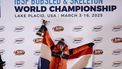 epa11948124 Gold medalist Kimberley Bos of the Netherlands  celebrates following the medals ceremony for the Womenâ€™s Skeleton at the IBSF Bobsleigh & Skeleton World Championships, in Lake Placid, New York, USA, 07 March 2025.  EPA/CJ GUNTHER