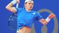 Dutch Jesper de Jong returns the ball to Canada's Felix Auger Aliassime during their men's singles semi-finals tennis match at the Open Occitanie ATP World Tour in Montpellier, southern France on February 1, 2025.  
Sylvain THOMAS / AFP