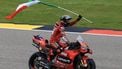 epa11464767 Ducati Lenovo rider Francesco Bagnaia of Italy  celebrates after winning the MotoGP race of the Motorcycling Grand Prix of Germany, at the Sachsenring racetrack in Hohenstein-Ernstthal, Germany, 07 July 2024.  EPA/MARTIN DIVISEK