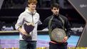 Italy's Jannik Sinner poses with the winner's trophy next to Spain's Carlos Alcaraz during the awards ceremony after their final tennis match in the 