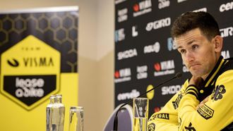 Team Visma-Lease Bike Belgian rider Tiesj Benoot speaks during a press conference of the Visma - Lease A Bike cycling team ahead of the Tour of Flanders cycling race, in Gent on March 29, 2024. The 108th edition of the cycling race will take place on Sunday 31 March. 
DAVID PINTENS / Belga / AFP