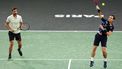 Netherlands' Wesley Koolhof (R) serves next to Croatia's Nikola Mektic (L) as they play against England's Lloyd Glasspool and Czechia's Adam Pavlasek during their men's doubles final match on day seven of the Paris ATP Masters 1000 tennis tournament at the Accor Arena - Palais Omnisports de Paris-Bercy - in Paris on November 3, 2024. 
Dimitar DILKOFF / AFP