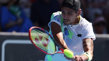 Alejandro Tabilo of Chile hits a return against Arthur Fils of France during their men's singles semi-final match during the Auckland Classic tennis tournament in Auckland on January 12, 2024.   
MICHAEL BRADLEY / AFP