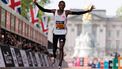 epa12057945 Kenya’s Sabastian Sawe finishes first in the elite men’s race of the London Marathon in London, Britain, 27 April 2025. Taking place since 1981, the London Marathon is one of the most popular marathons in the world, with a record-breaking total of more than 56,000 people are expected to take part in the 2025 race.  EPA/TOLGA AKMEN