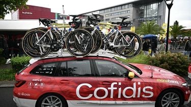 Bicycles sit on a roof-rack atop a Cofidis team vehicle before the start of the 3rd stage of the 112th edition of the Tour de France cycling race, 178.3 km between Valenciennes and Dunkerque (Dunkirk), Northern France, on July 7, 2025. The Cofidis team had 11 bicycles stolen from a team truck on the night of July 5 to July 6, before the Tour de France's 2nd stage, in northern France.
Loic VENANCE / AFP