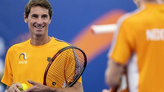 2023-09-07 10:25:22 AMSTELVEEN - Captain Paul Haarhuis tijdens de training voorafgaand aan het vertrek van het TeamNL Davis Cupteam naar Split in aanloop naar de wedstrijd tegen Finland. ANP SANDER KONING