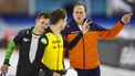 HEERENVEEN - Bondscoach Rintje Ritsma met de ploegenachtervolging met Bart Hoolwerf, Marcel Bosker en Chris Huizinga tijdens een training voorafgaand aan de EK Afstanden schaatsen in het Thialf stadion. ANP VINCENT JANNINK