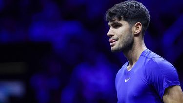 Spain's Carlos Alcaraz of Team Europe reacts as he plays against USA's Ben Shelton of Team World during their 2024 Laver Cup men's singles tennis match in Berlin, Germany on September 21, 2024. Alcaraz won the match 6-4, 6-4.
Ronny HARTMANN / AFP