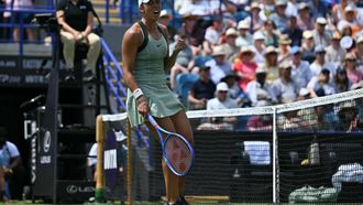 US player Madison Keys reacts to winning the first set against Germany's Tatjana Maria during their women's final tennis match on day six of the Lexus Eastbourne Open at Devonshire Park, Eastbourne, on the south coast of England on June 27, 2026. 
Glyn KIRK / AFP