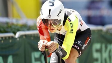 epa12226936 French rider Louis Barre of Intermarche - Wanty team crosses the finish line of the 5th stage of the Tour de France cycling race, an Individual Time Trial over 33km in Caen, France, 09 July 2025.  EPA/MARTIN DIVISEK