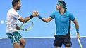 2022-11-17 12:51:04 epa10310918 Marcelo Arevalo of Argentina and Jean-Julien Rojer of the Netherlands in action against Rajeev Ram of the USA and Joe Salisbury of Britain during their doubles match at the Nitto ATP Finals 2022 tennis tournament at the Pala Alpitour arena in Turin, Italy, 17 November 2022.  EPA/ALESSANDRO DI MARCO