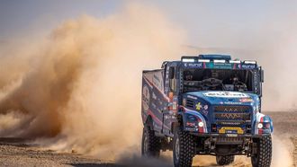 epa11824342 Martin van den Brink of the Netherlands, Richard Mouw of the Netherlands, and Willem Van Heun of the Netherlands compete with their Iveco PowerStar for Eurol Rally Sport during the ninth stage of the 2025 Dakar Rally from Riyadh to Haradh, Saudi Arabia, 14 January 2025.  EPA/Gerard Laurenssen