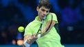 2023-11-15 15:33:26 epa10976299 Carlos Alcaraz of Spain in action during his round robin match against Andrey Rublev of Russia at the Nitto ATP Finals tennis tournament in Turin, Italy, 15 November 2023.  EPA/ALESSANDRO DI MARCO