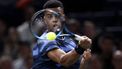 epa11690436 Giovanni Mpetshi Perricard of France in action during his first round match against Frances Tiafoe of US at the Rolex Paris Masters tennis tournament in Paris, France, 29 October 2024.  EPA/YOAN VALAT
