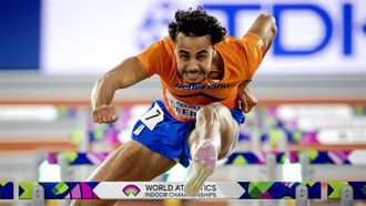 GLASGOW - Job Geerds in actie op de 60 meter horden, op de tweede dag van de wereldkampioenschappen indooratletiek in Schotland. ANP ROBIN VAN LONKHUIJSEN