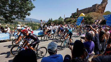 epa11540069 The riders in action during the fifth stage of the 46th Vuelta Ciclista a Burgos, of 156 km, between Frias and Trevino, in Burgos, Castilla Leon, northern Spain, 09 August 2024.  EPA/SANTI OTERO