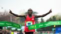 Kenya's Benard Biwott celebrates after crossing the finish line to win the men's Paris Marathon, in Paris, on April 13, 2025. 
Bertrand GUAY / AFP
