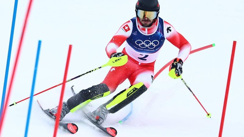epa12746657 Loic Meillard of Switzerland in action during the 2nd run of the Men's Slalom of the Alpine Skiing competitions at the Milano Cortina 2026 Winter Olympic Games, Stelvio ski centre in Bormio, Italy, 16 February 2026.  EPA/ANNA SZILAGYI