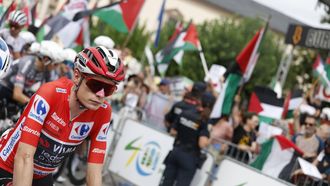 epa12359613 Overall leader, Danish rider Jonas Vingegaard of Team Visma-Lease a Bike rides in front of demonstrators with Palestine flags during the 15th stage of the Spanish Cycling Vuelta in Vegadeo, Asturias, Spain, 07 September 2025. The 15th stage is a 167,8km-long race from Vegadeo (Asturias) to Monforte de Lemos (Lugo).  EPA/Javier Lizon