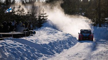 Adrien Fourmaux of France and his co-driver Alexandre Coria of France compete in their Hyundai i20 N Rally1 during the Vannas, 12th stage of Rally Sweden, second round of the FIA World Rally Championship on February 15, 2025 near Umea, Sweden. 
Jonathan NACKSTRAND / AFP
