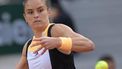 Greece's Maria Sakkari eyes the ball as she plays against France's Varvara Gracheva during their women's singles match on Court Simonne-Mathieu on day two of The French Open tennis tournament at The Roland Garros Complex in Paris on May 27, 2024. 
Bertrand GUAY / AFP