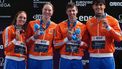 Team Netherlands (LtoR) Netherlands' Marrit Steenbergen, Netherlands' Milou Van Wijk, Netherlands' Merlin Belmon and Netherlands' Sean Niewold pose with their silver medal on the podium of the mixed 4x100m freestyle relay swimming event during the LEN European Aquatics Championships at the Olympic Aquatic Centre in Saint-Denis, northern suburbs of Paris, on August 14, 2026. 
Dimitar DILKOFF / AFP