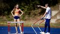 ARNHEM - Femke Bol en trainer Laurent Meuwly tijdens een open training als onderdeel van de teampresentatie voor de WK Atletiek in Tokio, Japan. ANP ROBIN VAN LONKHUIJSEN