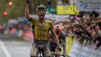 French rider of team Visma Lease A Bike Christophe Laporte reacts as he crosses the finish line ahead of Czeck rider of team Lidl-Treck Mathias Vacek (R) to win the 118th edition of the 213,9 km Paris-Tours one day cycling race, in Tours, central France on October 6, 2024. 
GUILLAUME SOUVANT / AFP