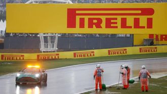epa11698045 The Safety Car checks the wet track conditions as track crew tries to improve the drainage as Qualifying is postponed after heavy rain in Interlagos, Sao Paulo, Brazil, 02 November 2024. The 2024 Formula One Grand Prix of Sao Paulo is held at the Autodromo Jose Carlos Pace race track in Sao Paulo on 03 November.  EPA/ANDRE COELHO