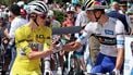 epa12258076 Slovenian rider Tadej Pogacar of UAE Team Emirates (L) shakes hands with German rider Florian Lipowitz of Red Bull - BORA - hansgrohe team prior to the start of the 18th stage of the Tour de France cycling race over 171.5km from Vif to Col de la Loze, France, 24 July 2025.  EPA/CHRISTOPHE PETIT TESSON