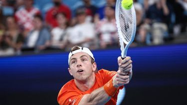 Netherlands' Tallon Griekspoor hits a return against Croatia's Borna Coric during their men's singles match at the United Cup tennis tournament on Ken Rosewall Arena in Sydney on January 2, 2024. 
DAVID GRAY / AFP