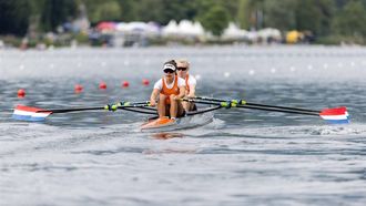 epa11365961 Lisa Scheenaard (R) and Martine Veldhuis of the Netherlands compete in the Women's Double Sculls heat on the first day of the 2024 World Rowing Cup at Rotsee in Lucerne, Switzerland, 24 May 2024.  EPA/PHILIPP SCHMIDLI