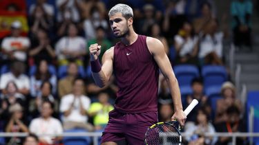 epa12416547 Carlos Alcaraz of Spain celebrates a point against Taylor Fritz of the USA during the final match of the Japan Open tennis tournament at Ariake Colosseum in Tokyo, Japan, 30 September 2025.  EPA/KIYOSHI OTA
