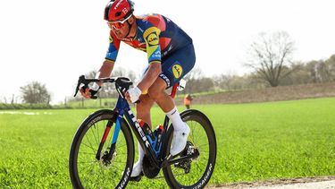 Lidl-Trek's Danish Mads Pedersen competes during the men's elite one day 250.3 Km (155 miles) cycling race 'Gent-Wevelgem - In Flanders Fields' from Ieper to Wevelgem on March 30, 2025. 

DAVID PINTENS / Belga / AFP
