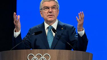 2023-10-15 02:00:00 International Olympic Committee (IOC) President Thomas Bach speaks on the first day of the 141st IOC Session in Mumbai on October 15, 2023. 
INDRANIL MUKHERJEE / AFP