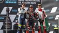 epa11577023 (L-R) Second placed Collin Veijer, winner Jose Antonio Rueda, and third placed Luca Lunetta during the winner ceremny of the Moto3 Race at the Aragon Grand Prix, in Motorland circuit, Alcaniz, eastern Spain, 01 September 2024.  EPA/Javier Cebollada