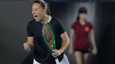 epa13199552 Diane Parry of France celebrates a point against Elise Mertens of Belgium during the women's singles final of the Monterrey Open tennis tournament in Monterrey, Mexico, 29 August 2026.  EPA/MIGUEL SIERRA