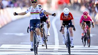 Mauritius' AG Soudal Team's Kim Le Court (L) celebrates after winning the women elite race of the Liege-Bastogne-Liege one day cycling event, 152,9km from Bastogne to Liege, on April 27, 2025. 
ERIC LALMAND / Belga / AFP