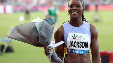 2023-05-28 21:02:24 Jamaica's Shericka Jackson celebrates after winning the women's 200m during the IAAF Diamond League competition on May 28, 2023 at the Prince Moulay Abdellah Stadium in Rabat. 
FADEL SENNA / AFP